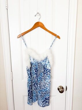 Seductive Wear Blue Leopard Satin Chemise with White Feather Trim Size Medium